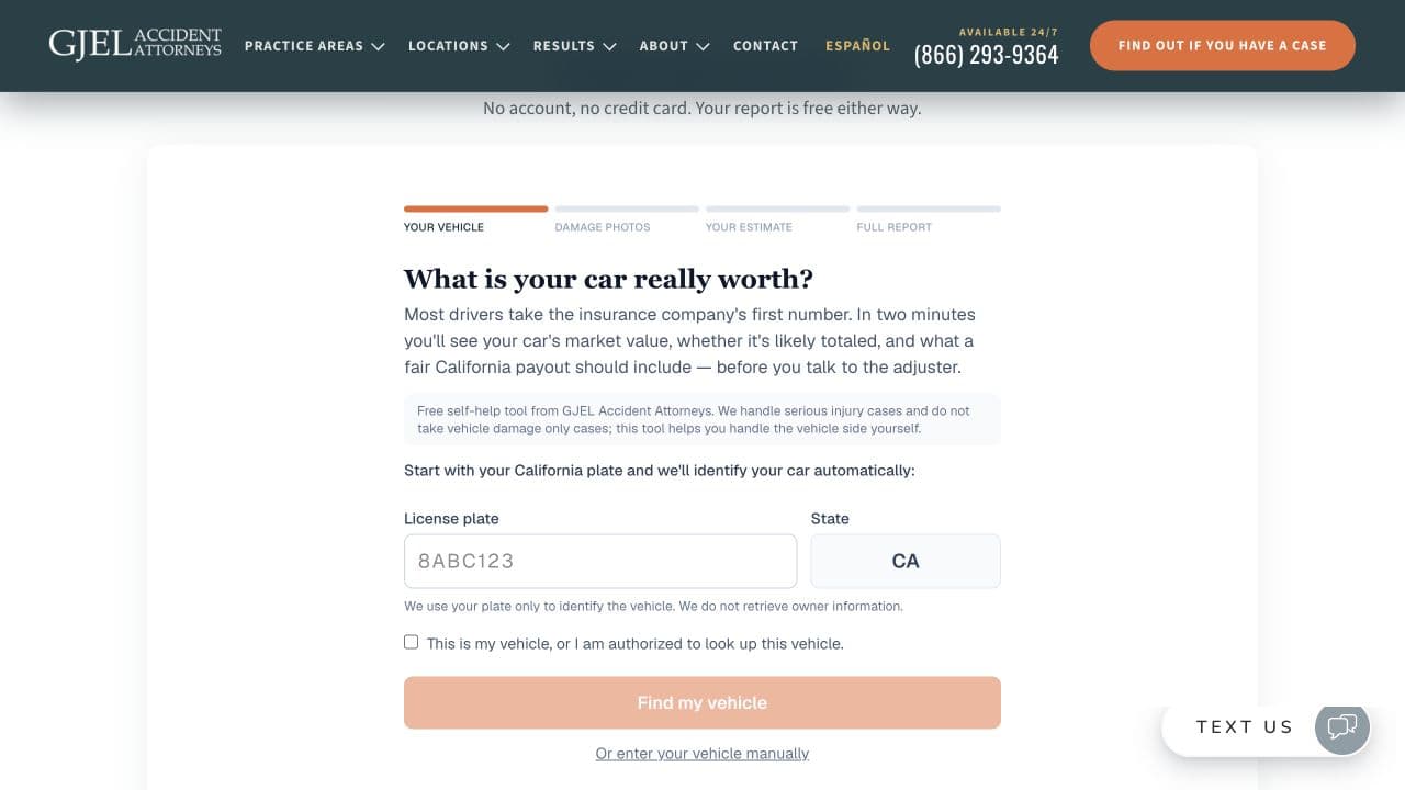 The first step of GJEL's California totaled-car calculator, showing plate lookup and manual vehicle entry.